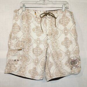 Point Zero Cream Brown Patterned Lined Paradise Island Board Swim Shorts Mens L